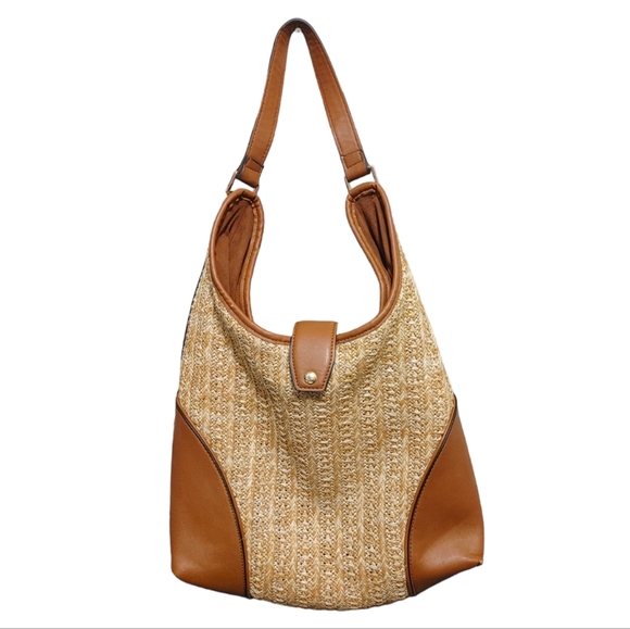 Steve Madden Handbags - Steve Madden Wicker Beige Brown Faux Leather Hobo Shoulder Bag Handbag Purse